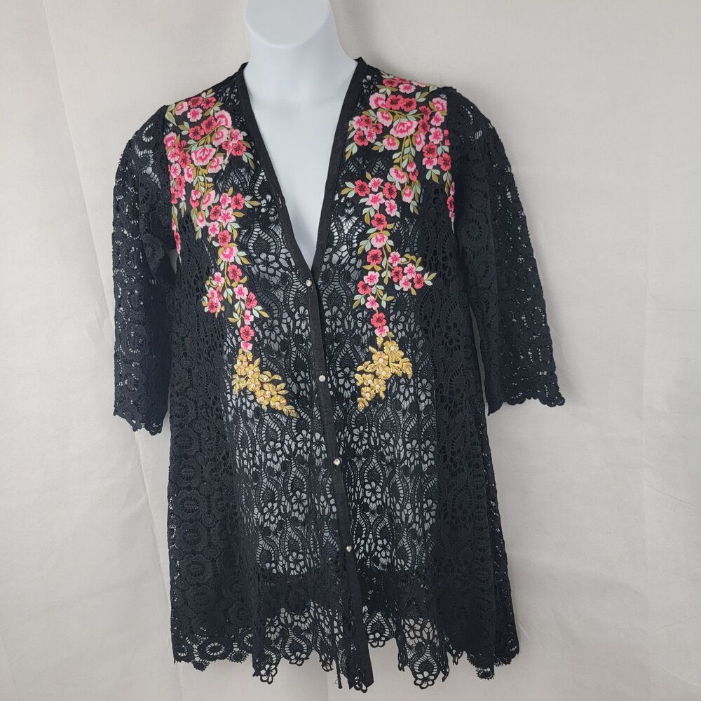 AGHA NOOR Womens Cardigan Sz MEDIUM Crochet Sheer BLACK Floral Embroidery Beaded